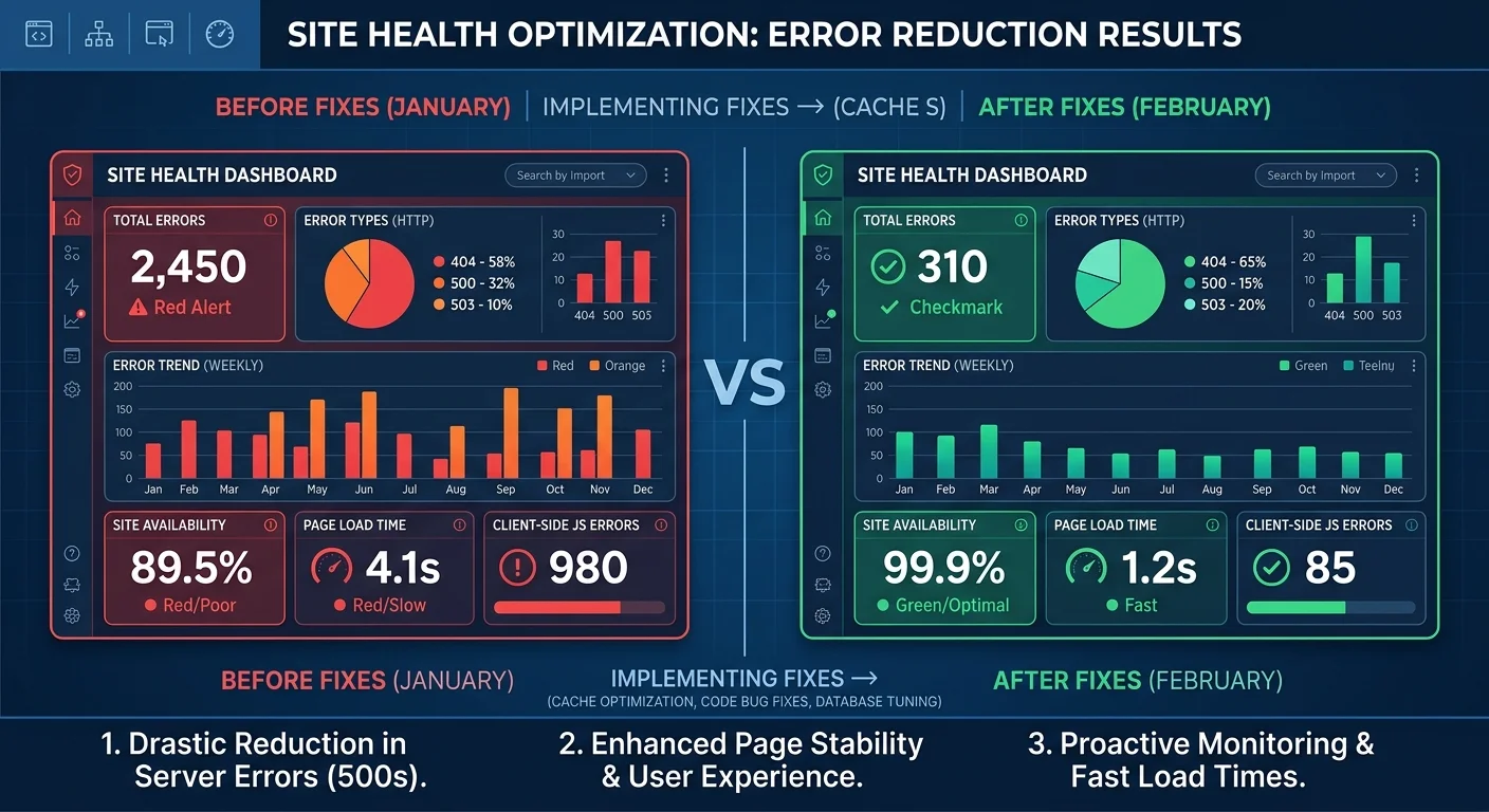 SEO health check comparison showing improvement from 62% to 94% site health score