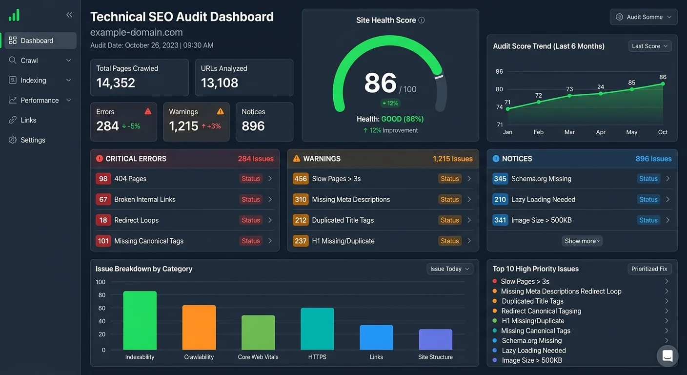 Technical SEO audit dashboard displaying site health metrics and prioritized issues